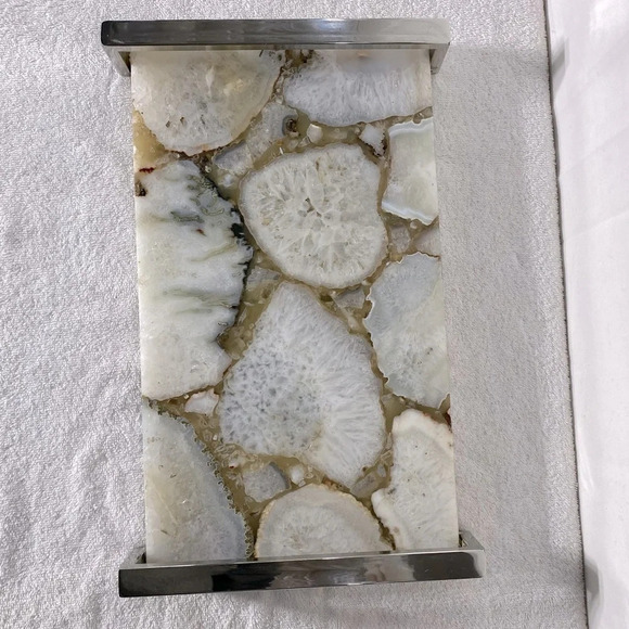 Modern White Agate Decorative Serving Tray  With Chrome Handles - Picture 1 of 16